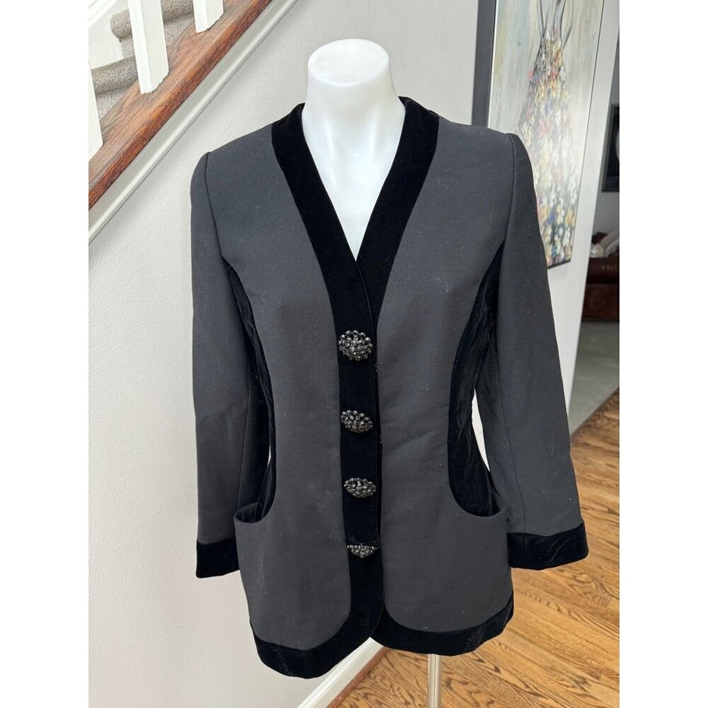 Vintage Oscar de la Renta Womens Crystal Button Coat Blazer Jacket Black Size 10